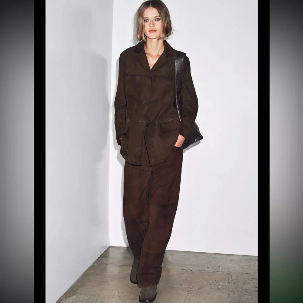 ZARA 100% SUEDE LEATHER BLAZER JACKET - Picture 5 of 12